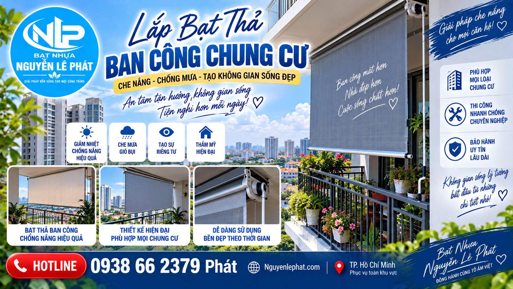 Thi Công lắp bạt mái thả che nắng mưa ban công