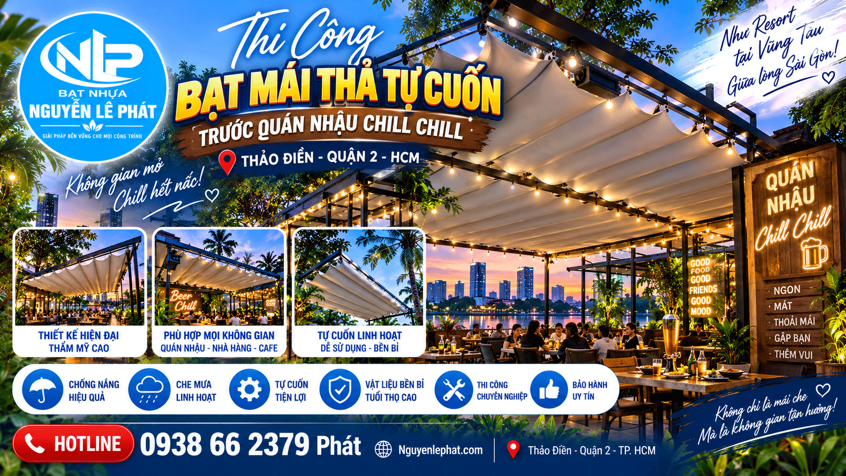 Lắp đặt bạt xếp lùa lượn sóng quán nhậu