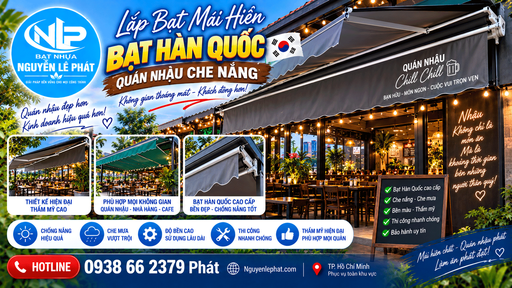 Thi công lắp bạt mái hiên di động quán nhậu
