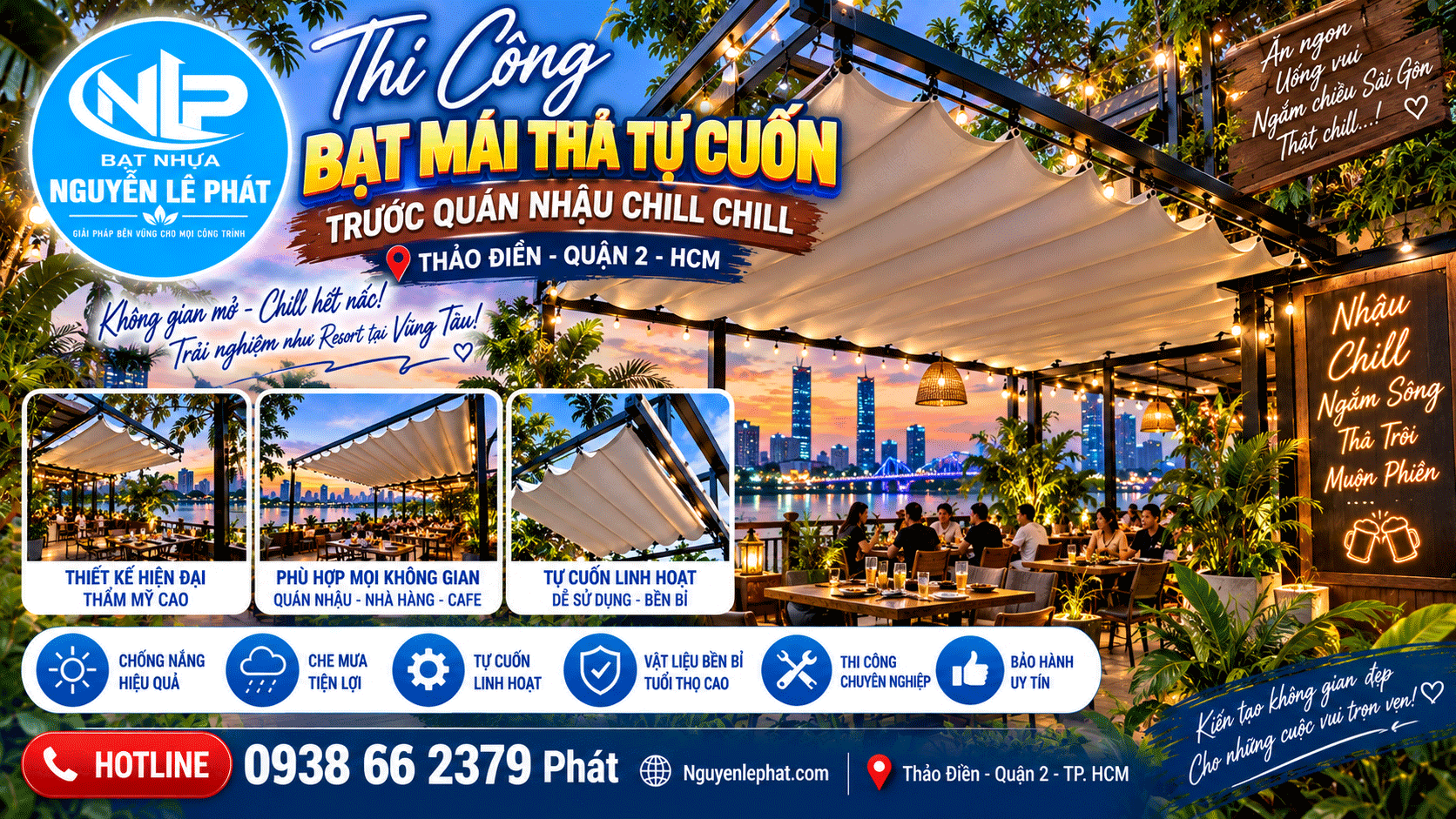 Thi công lắp bạt mái xếp lượn sóng quán nhậu