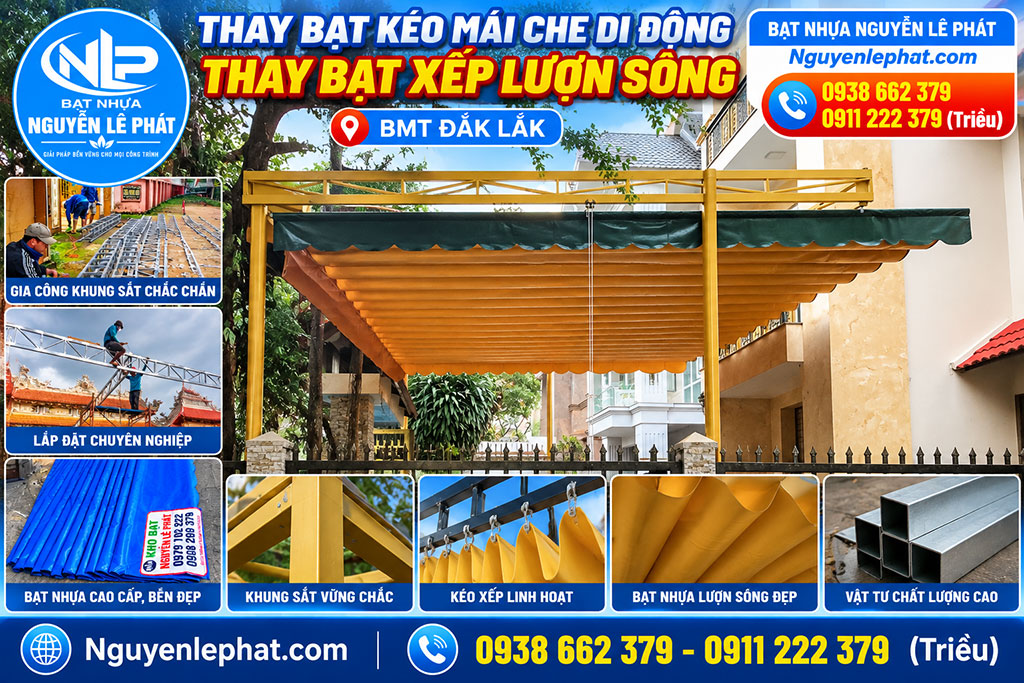 Thay bạt mái xếp lượn sóng quán nhậu bmt